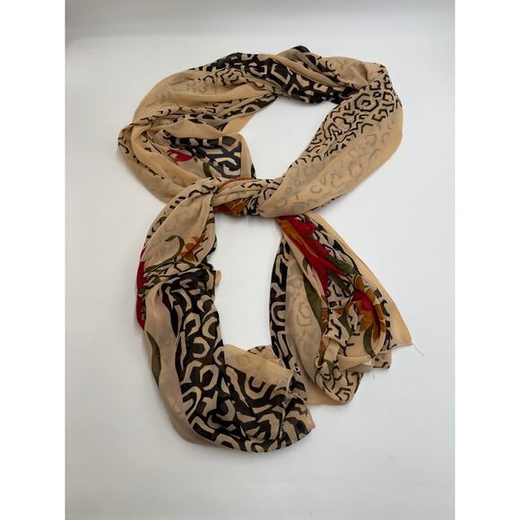 Oversized Geometric Scarf or Wrap · Sheer Floral  Black Red Tan - Picture 1 of 6